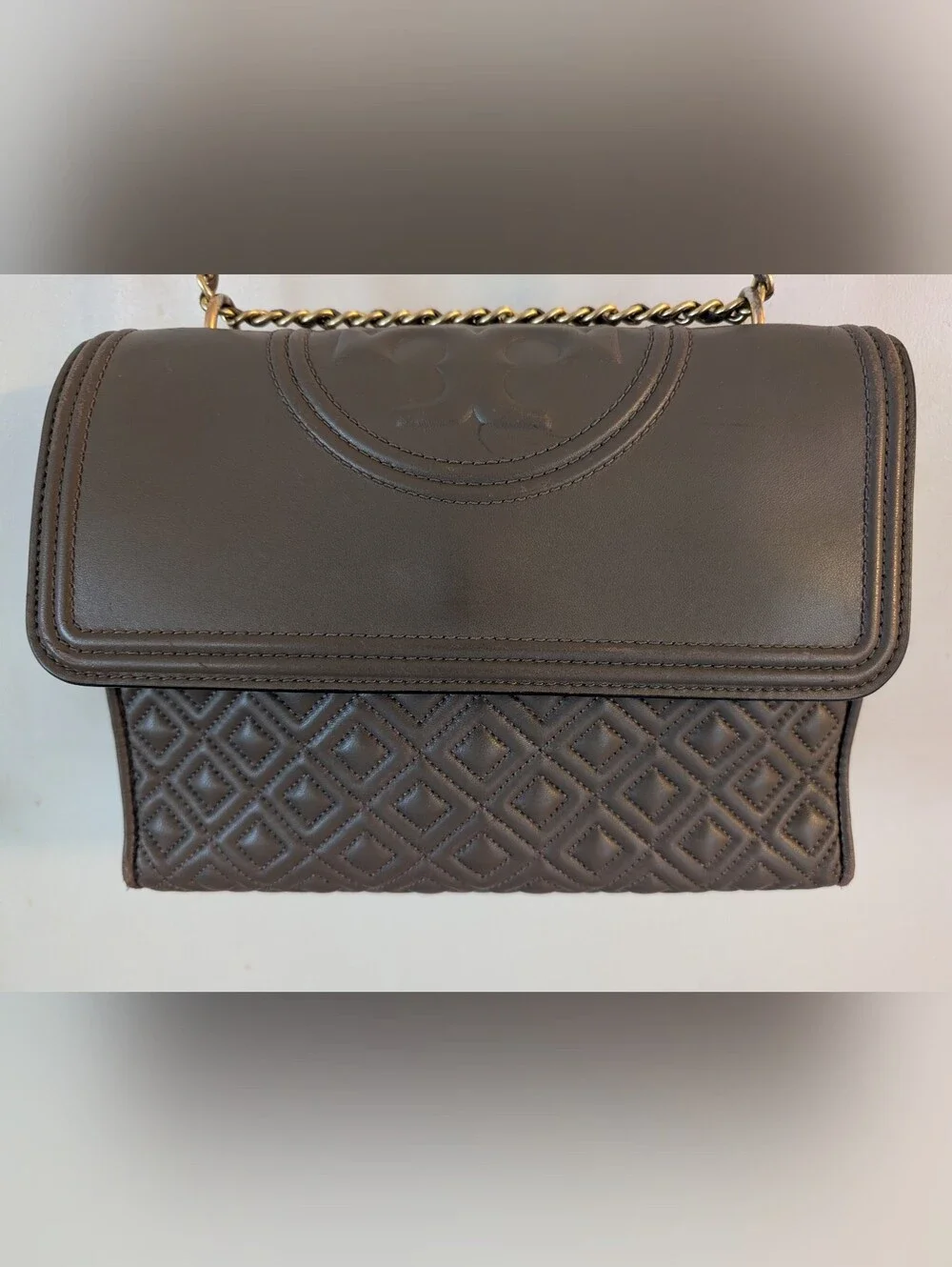 Tory Burch Fleming Dark Taupe Gray Crossbody Shoulder Bag Purse